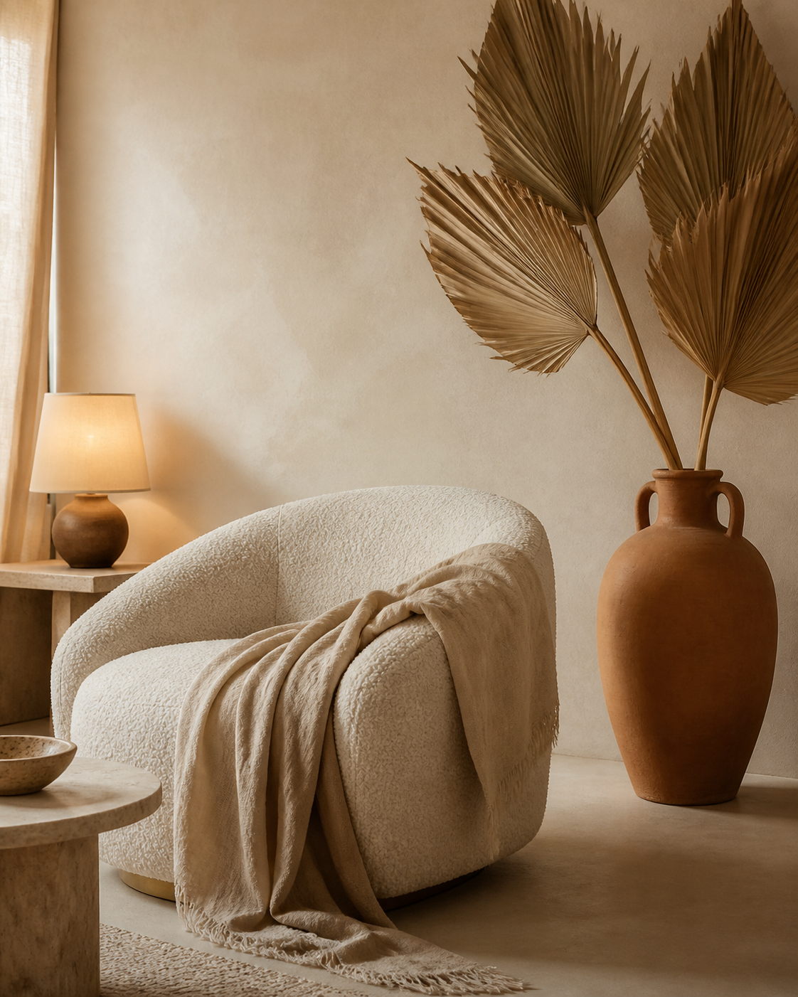 Sillón claro, manta de lino y vasija artesanal en un interior cálido